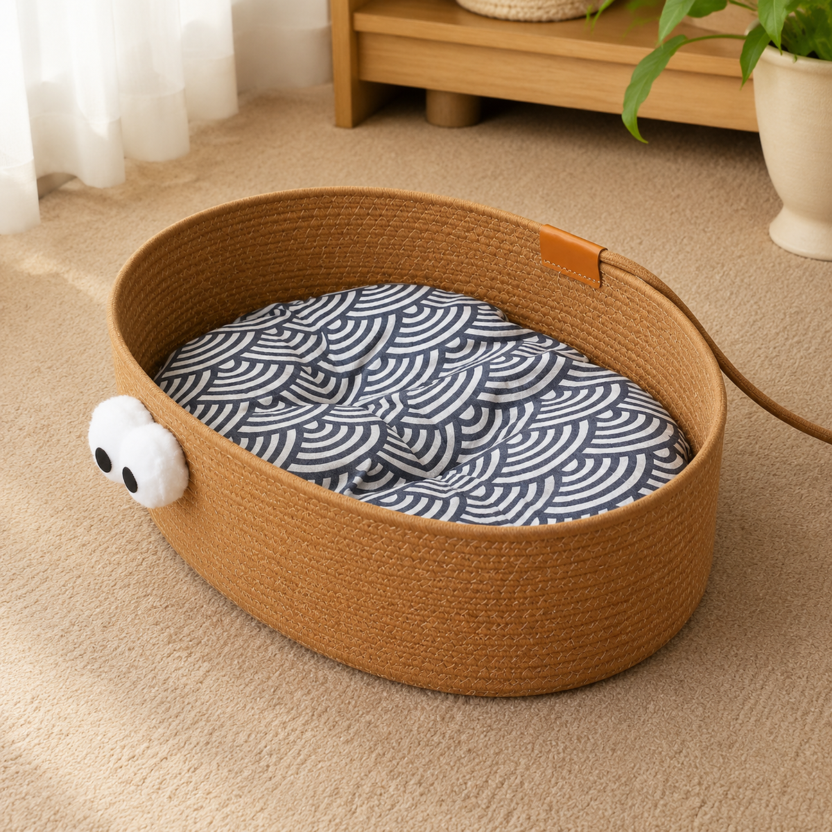 Large-Eye Wicker Cat Bed—Warm Pet Bed for All Seasons, Scratch-Resistant, Wear-Resistant, Machine-Washable, and Lint-Free