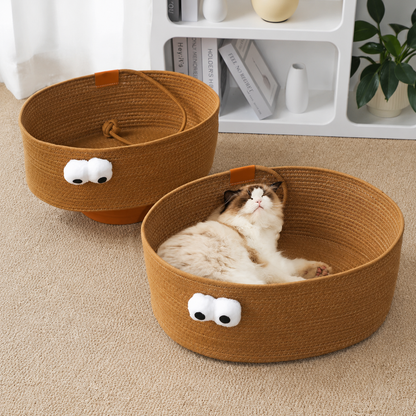 Large-Eye Wicker Cat Bed—Warm Pet Bed for All Seasons, Scratch-Resistant, Wear-Resistant, Machine-Washable, and Lint-Free